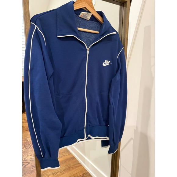Vintage Nike Track Jacket Blue White Piping Blue Tag Tech Men L Embroidered 80's